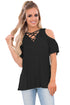 Sexy Black Crisscross Front Cold Shoulder Ruffle Sleeve Top