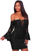 Sexy Black Crochet Overlay Off The Shoulder Fitted Mini Dress