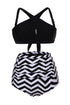 Sexy Black Cross Front Bikini Zigzag High Waist Swimsuit