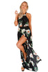 Sexy Black Floral Cutout Back Halter Split Maxi Boho Dress