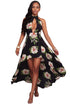Sexy Black Floral Print High-low Halter Maxi Boho Dress