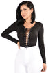 Sexy Black Grommet Lace Up V Neck Long Sleeve Bodysuit