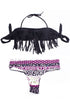 Sexy Black Halter Fringed Floral Printed Bikini Swimsuit