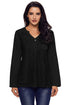 Sexy Black Lace Panel Split Neck Roll Tab Sleeve Blouse