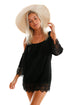 Sexy Black Lacy Crochet Trim Crinkle Cold Shoulder Beachwear