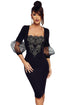 Sexy Black Mesh Lantern Sleeves Embroidered Vintage Dress