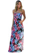 Sexy Black Neon Pink Tropical Strapless Maxi Dress with Pockets