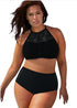 Sexy Black Patterned Mesh Insert Plus Size Swimwear