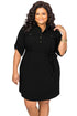 Sexy Black Plus Size Belted Textured Shirt Dress