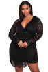Sexy Black Plus Size Lace Faux Wrap Ruffle Dress