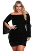 Sexy Black Plus Size Velvet Off Shoulder Bell Sleeve Dress
