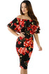 Sexy Black Red Floral Layered Ruffle Off Shoulder Midi Dress