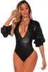 Sexy Black Ruched Ruffle Sleeve Leatherette Bodysuit