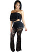 Sexy Black Ruffle Lace Crop Top Wide Leg Pant Set