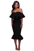 Sexy Black Ruffle Off Shoulder Mermaid Midi Party Dress