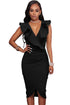 Sexy Black Ruffle V Neck Bodycon Midi Dress