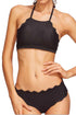 Sexy Black Scalloped Trim Halter Tankini Set