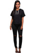 Sexy Black Scoop Back Hooded 2pcs Pant Set