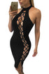 Sexy Black Sexy Lace Up Halter Midi Dress