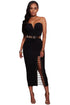 Sexy Black Sexy Strapless V-neck Side Slits Tube Midi Dress