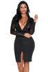 Sexy Black Sheer Pinstripe Mesh Accent Midi Bodycon Dress
