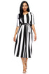 Sexy Black Stripe Print Half Sleeve Belted Dress