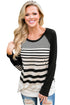 Sexy Black Striped Patch Elbow Raglan Blouse