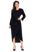 Sexy Black Tulip Faux Wrap Sash Tie Jersey Dress