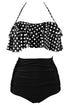 Sexy Black White Polka Dot Retro Boho Flounce High Waist Swimsuit