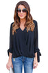 Sexy Black Womens V Neck Ruched Tie Sleeve Top