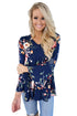 Sexy Blue Bell Sleeve Floral Print Top