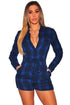 Sexy Blue Black Plaid Collared Drawstring Romper