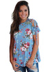 Sexy Blue Floral Top with Lace up Shoulder