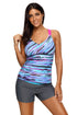 Sexy Blue Fuzzy Stripes Strappy Back Tankini Top