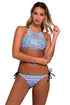 Sexy Blue Geometric Print Strappy Back High Neck Swimsuit