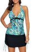 Sexy Blue Green Print Bead Tie Tankini and Skirt Swimsuit