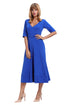 Sexy Blue Half Sleeve V Neck High Waist Flared Dress