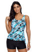 Sexy Blue Leaf Print Tie Side Tankini Short Swimsuit
