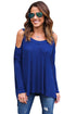 Sexy Blue Long Sleeve Relaxed Fit Cold Shoulder Top