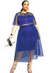 Sexy Blue Mesh Joint Plus Crop Top Skirt Set