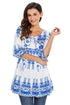 Sexy Blue Mottled Leaf Print White Elegant Long Top