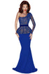 Sexy Blue One Shoulder Gold Floral Lace Peplum Top Long Skirt Formal Dress