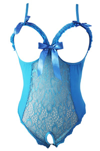 Sexy Blue Open Cup Crotchless One-piece Teddy