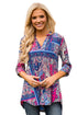 Sexy Blue Rosy Floral Paisley Print Slight V Neck Blouse