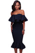 Sexy Blue Ruffle Off Shoulder Mermaid Midi Party Dress