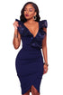 Sexy Blue Ruffle V Neck Detail Midi Dress