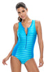 Sexy Blue Striped Sleeveless Rashguard One Piece Swimsuit