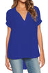 Sexy Blue V Neck Short Sleeve Oversize Chiffon Blouse
