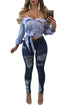 Sexy Blue White Stripe Bow Decor Off Shoulder Crop Top