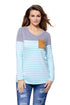 Sexy Blue White Stripes Color Block Long Sleeve Blouse Top